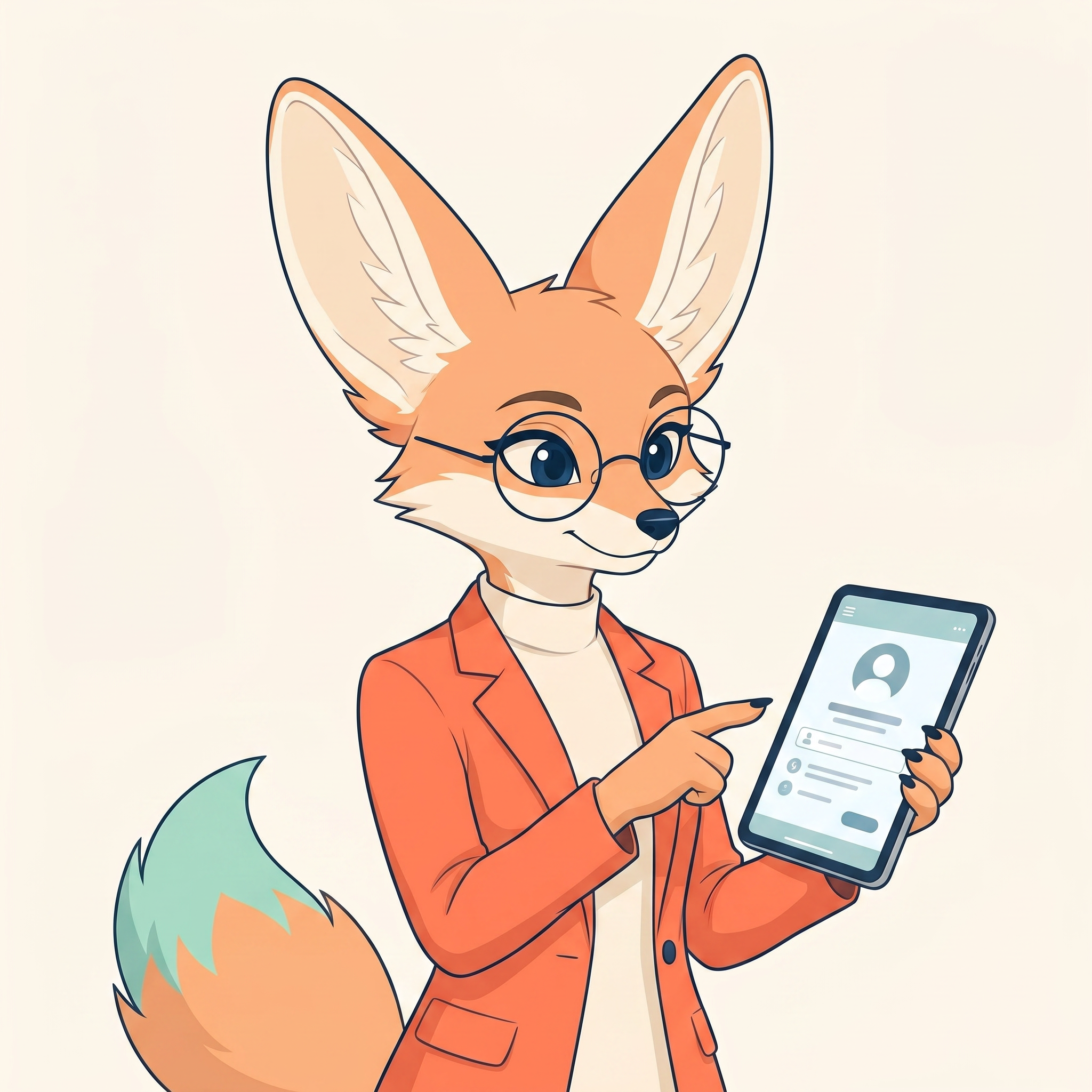 Mabel pointing at a contact profile on her tablet